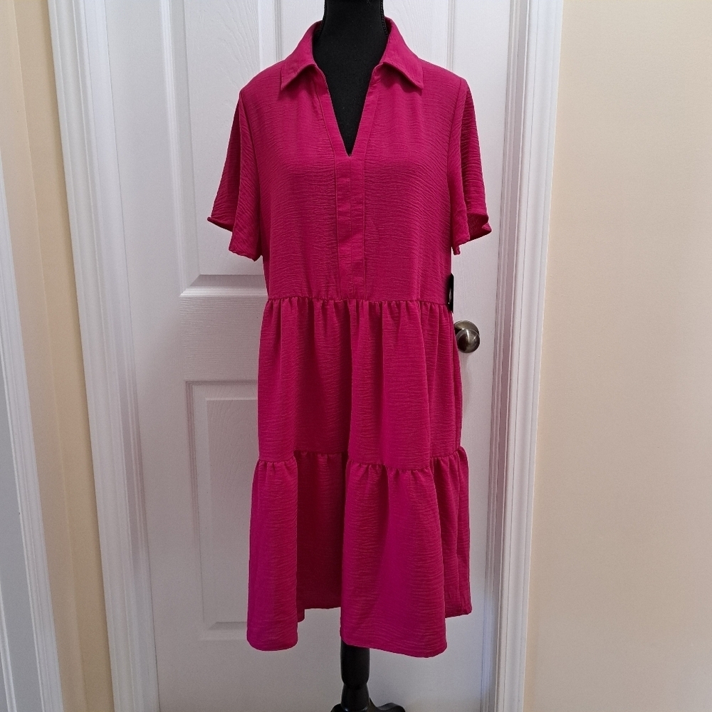 Tahari Babydoll Swing Dress Size Large Pink Short Sleeved Flowy Tiered NEW